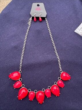 paparazzi Bright Red Teardrop Statement Necklace with Matching Earrings